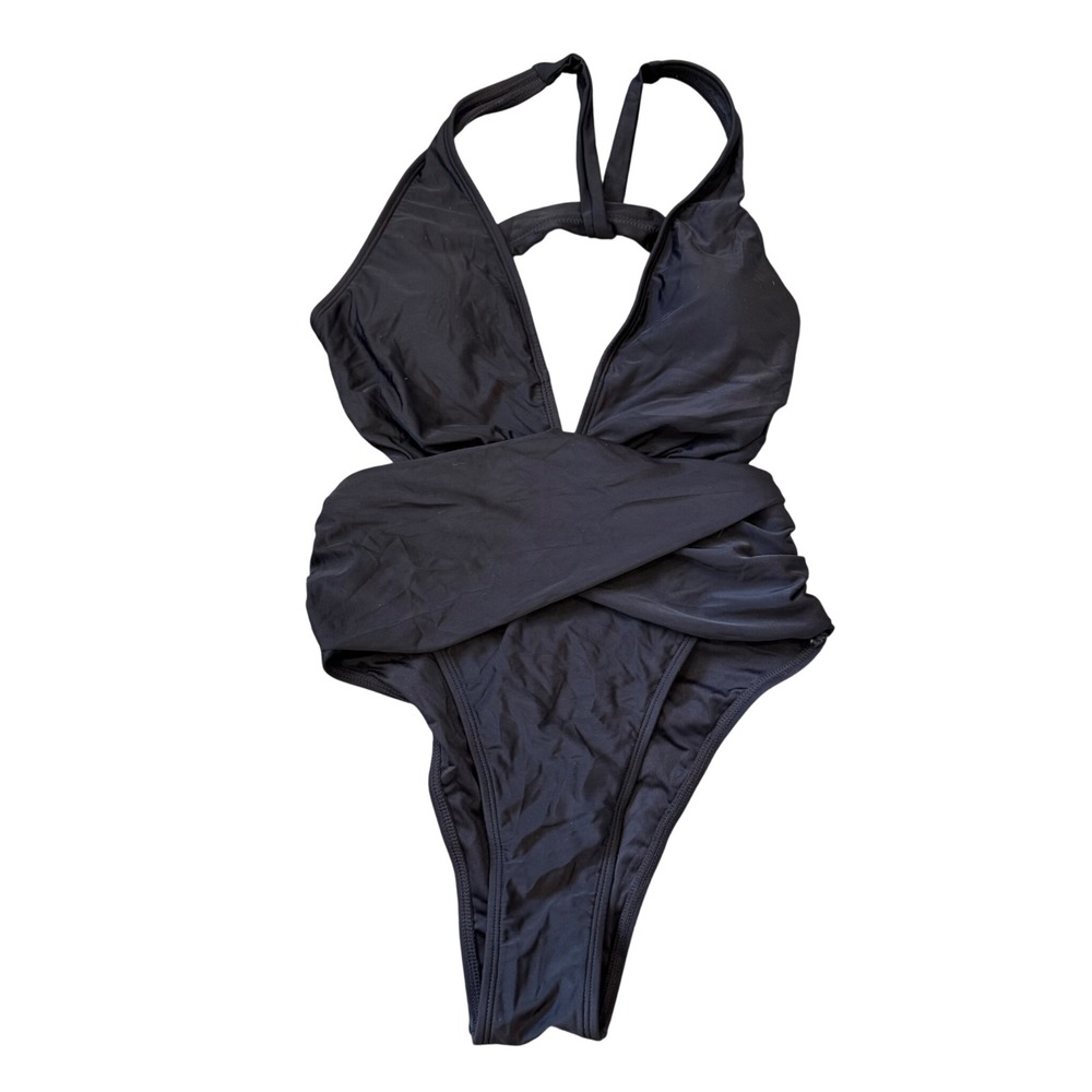Cupshe Black Wrap Front Cutout One Piece Swimsuit Monokini T-Strap Small NEW